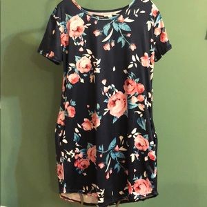 Dark Blue Tunic with Pink Flowers and Pockets